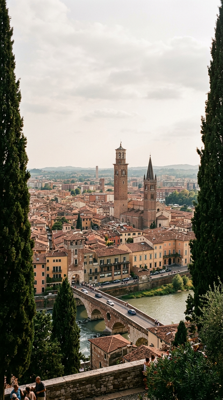 Vista de Verona a partir do Castel San Pietro, com o rio Adige e as torres da cidade